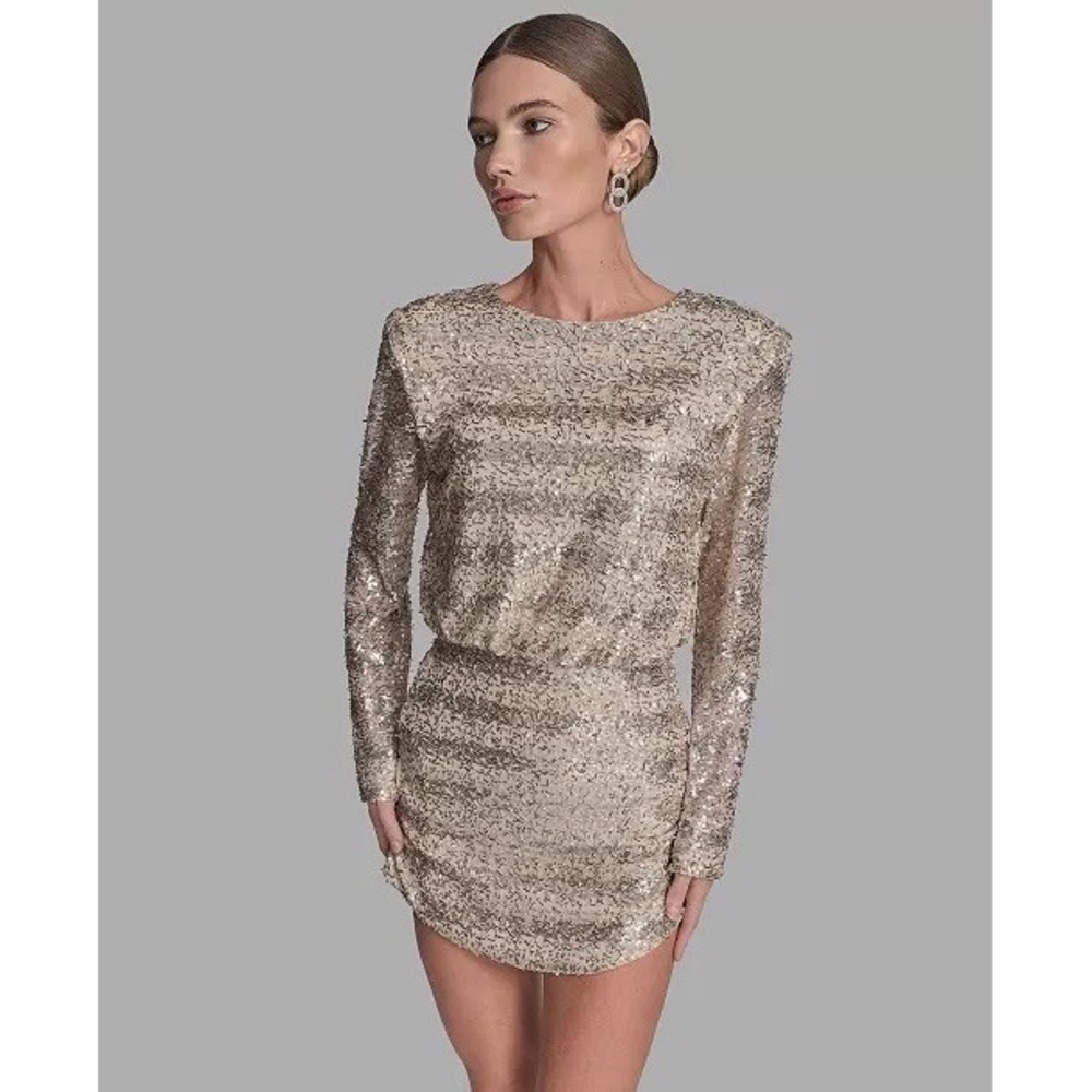 NWT BCBG Women's Sequin Detail Striped Boat Neck Dress Gold Long Sleeves 8 $179